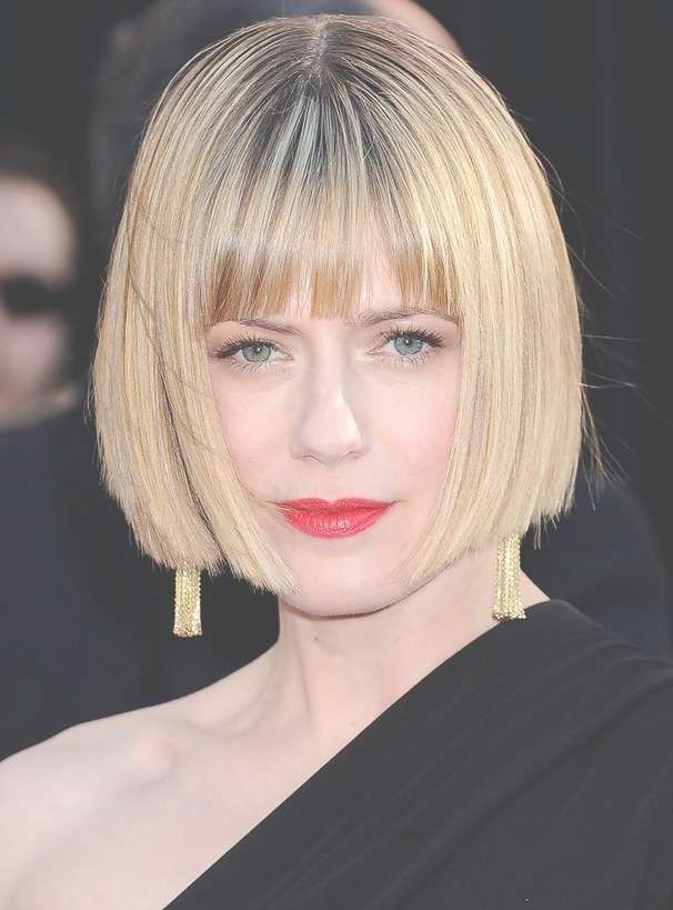 Celebrity Short Straight Bob Haircut With Blunt Bangs – Hairstyles For Straight Bob Haircuts With Bangs (View 10 of 15)
