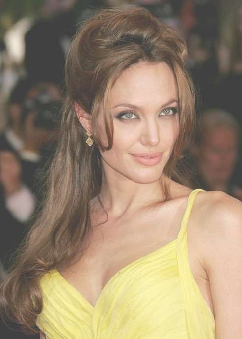 Angelina Jolie Long Hairstyle: Half Up Half Down With Side Parting Inside Current Angelina Jolie Medium Hairstyles (Photo 9 of 15)