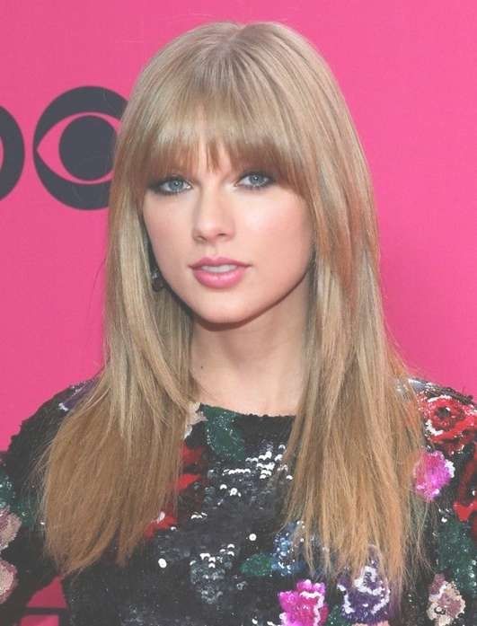 Taylor Swift Hairstyles 2014: Medium Haircut With Short Bangs Intended For Most Recently Taylor Swift Medium Hairstyles (View 8 of 25)