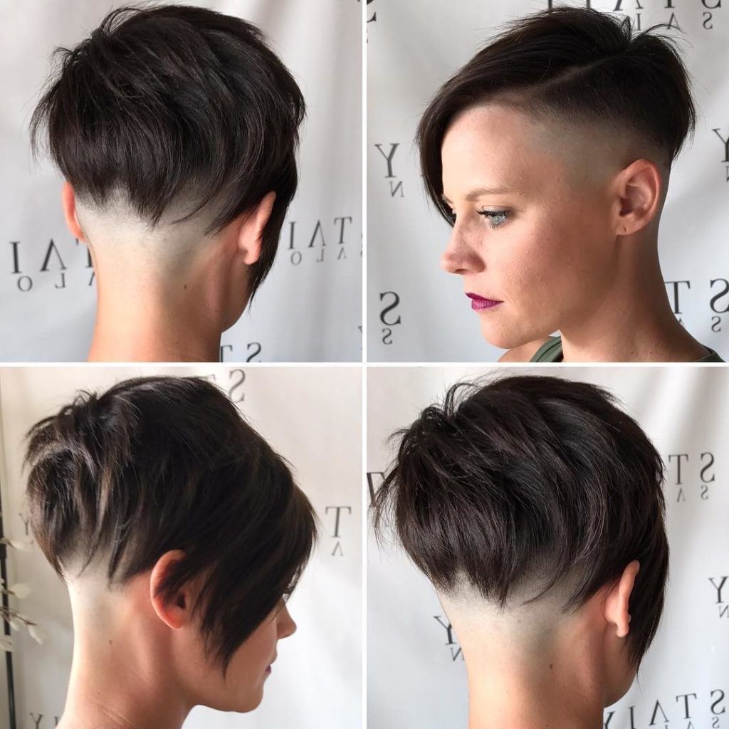 Women's Brunette Choppy Asymmetrical Undercut Pixie Short Hairstyle Regarding Newest Shaved Pixie Hairstyles (View 2 of 15)