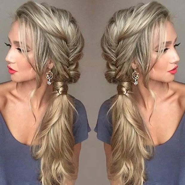21 Pretty Side Swept Hairstyles For Prom | Messy Fishtail Braids In Most Popular Long Hair Side Ponytail Updo Hairstyles (View 3 of 15)