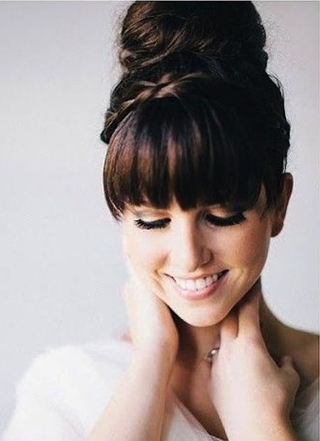 Full Thick Bangs For Medium Updo Hairstyle – Updo With Braided Throughout Most Popular Updo Hairstyles With Fringe Bangs (Photo 4 of 15)