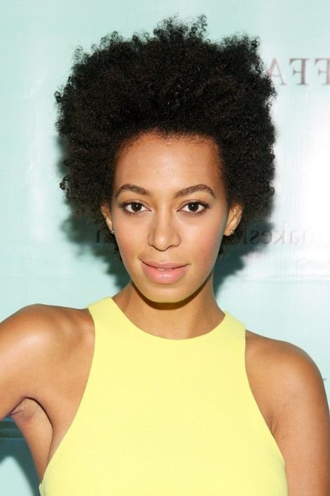 Solange Knowles Short Naturally Curly Hairstyle – Hairstyles Weekly With Regard To Most Up To Date Natural Curly Updos For Black Hair (View 13 of 15)