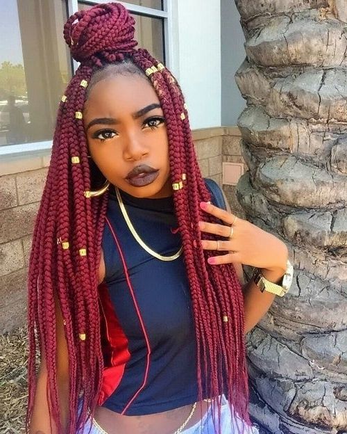 27 Epic Blonde, Red & Burgundy Box Braids To Try – Hairstylecamp In Most Up To Date Thin Black Box Braids With Burgundy Highlights (View 9 of 15)