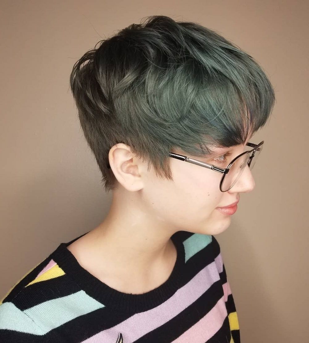 34 Greatest Short Haircuts And Hairstyles For Thick Hair For 2018 Throughout Most Up To Date Funky Blue Pixie With Layered Bangs (Photo 10 of 15)