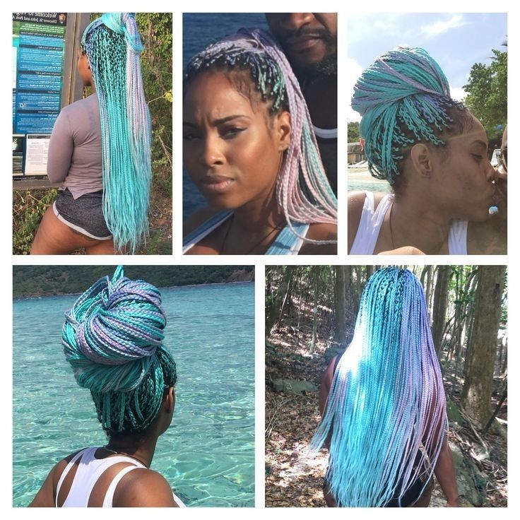 Box Braids, Colorful Hair, Beautiful Braids, Blue Braids, Braid Bun Intended For Most Up To Date Extra Long Blue Rainbow Braids Hairstyles (Photo 7 of 15)