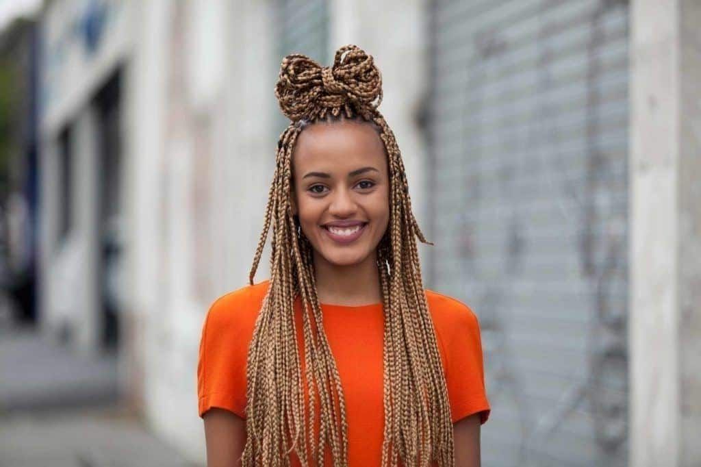 Box Braids Updo Hairstyles: Ultimate Gallery Of Style Ideas For Any Throughout Best And Newest Top Knot Bun With Cascade Of Thin Braids (Photo 15 of 15)