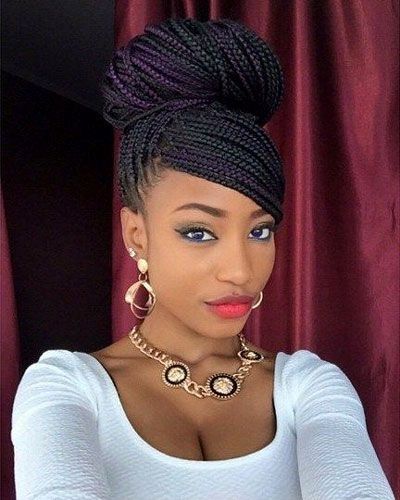 Braided Updos: Box Braid Bun With Side Bangs | Hair Ideas Within Newest African American Braided Bun Hairstyles (View 10 of 15)