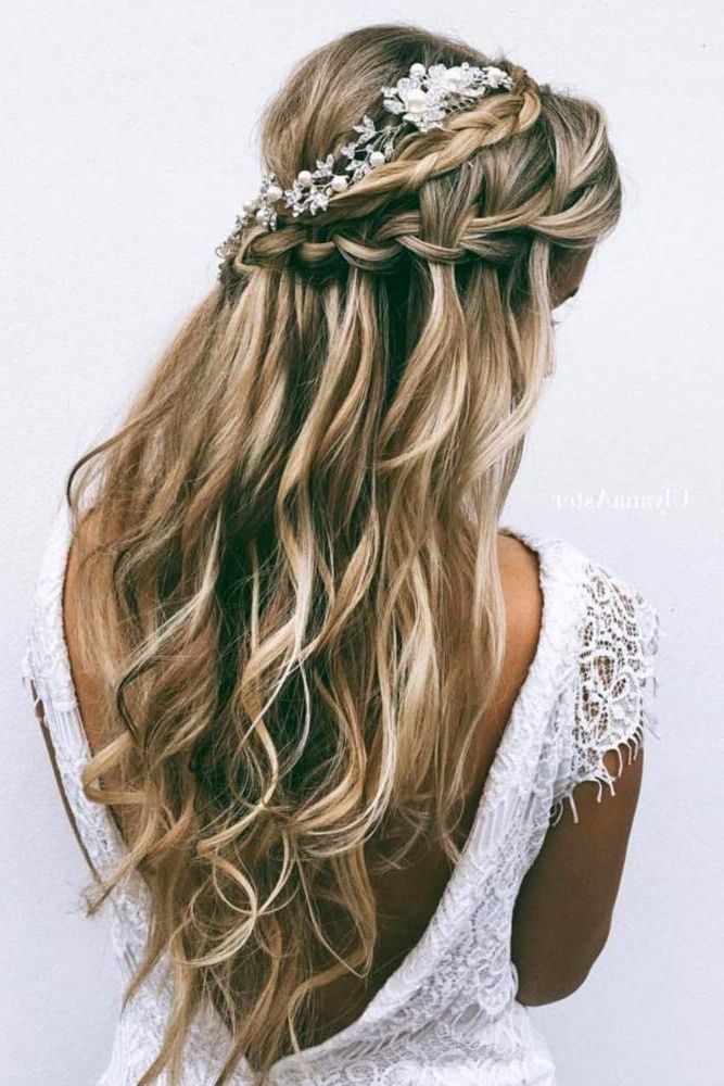 Chic Half Up Bridesmaid Hairstyles For Long Hair | Hairspiration Within Newest Half Updo Braids Hairstyles With Accessory (Photo 1 of 15)