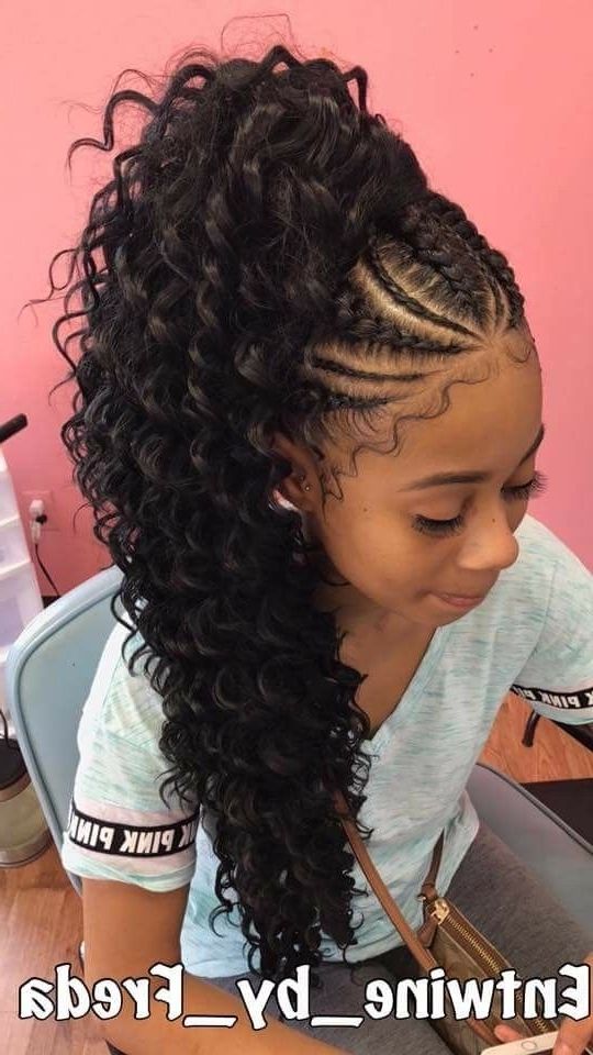 Feed In Braids With High Curly Ponytail | Braiding Hairstyles Inside Most Recent Braided Hairstyles Into A Ponytail With Weave (View 2 of 15)