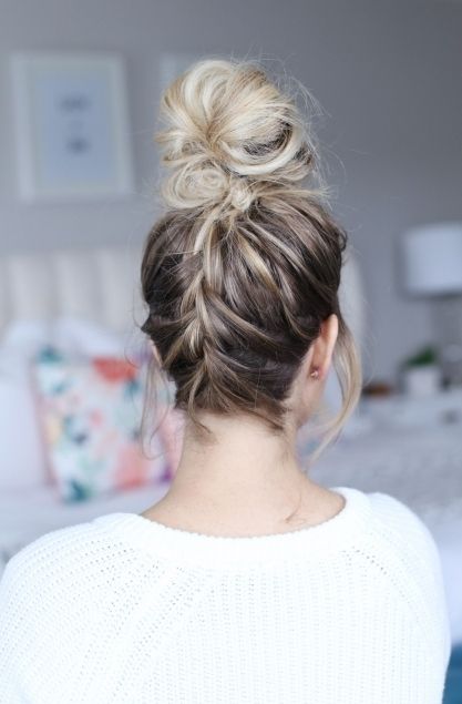 How To French Braid Into A Top Knot – Twist Me Pretty Pertaining To Recent French Braids Into Bun (Photo 4 of 15)