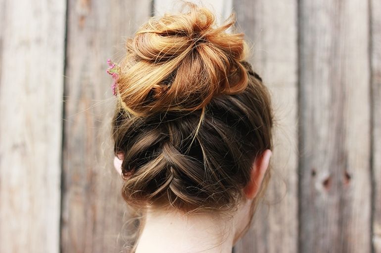 Messy Upside Down French Braid Bun – The Merrythought With 2018 Messy Bun With French Braids (View 11 of 15)