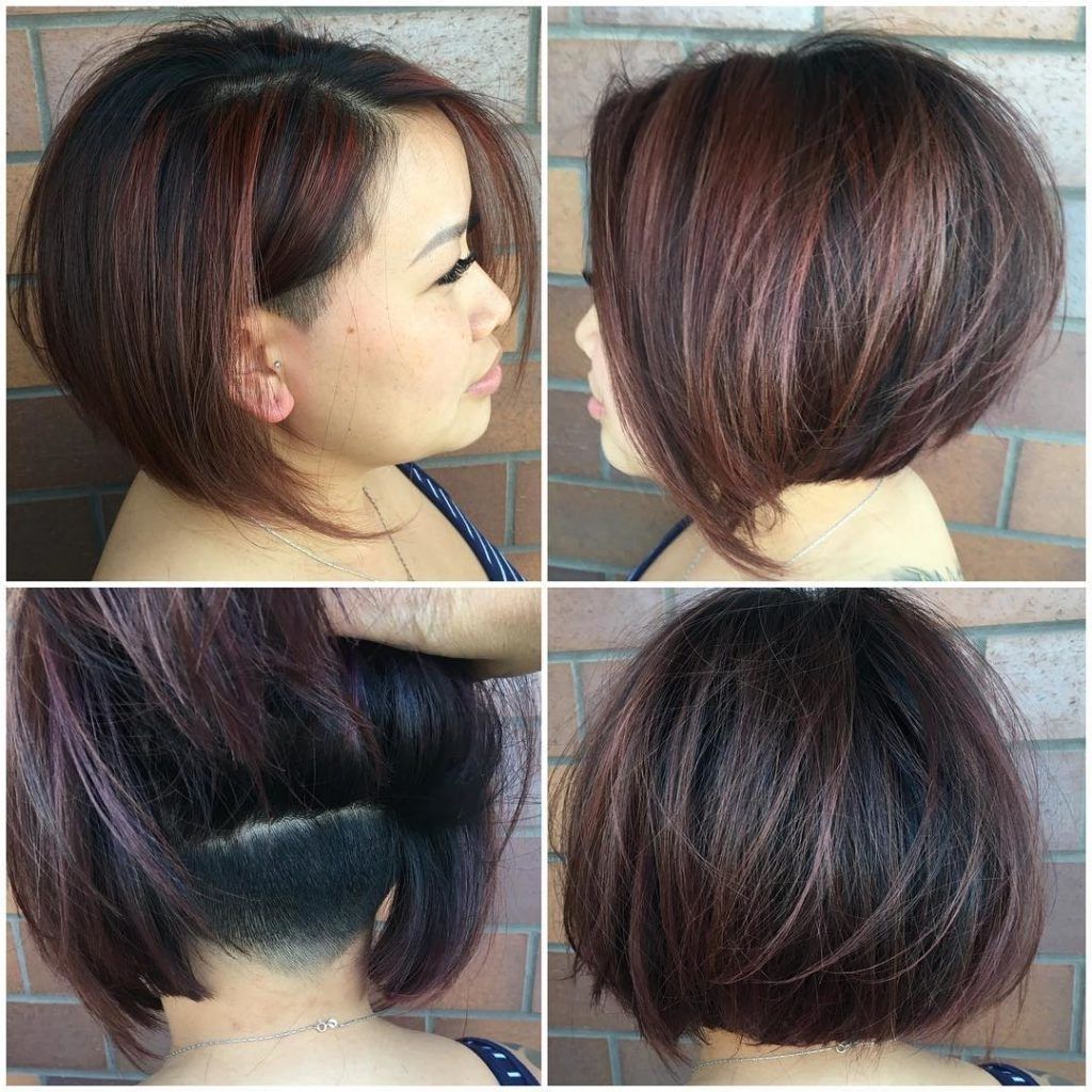 Women's Chic Undercut Stacked Bob On Dark Hair With Burgundy In Most Popular Stacked Pixie Bob Haircuts With Long Bangs (View 9 of 15)