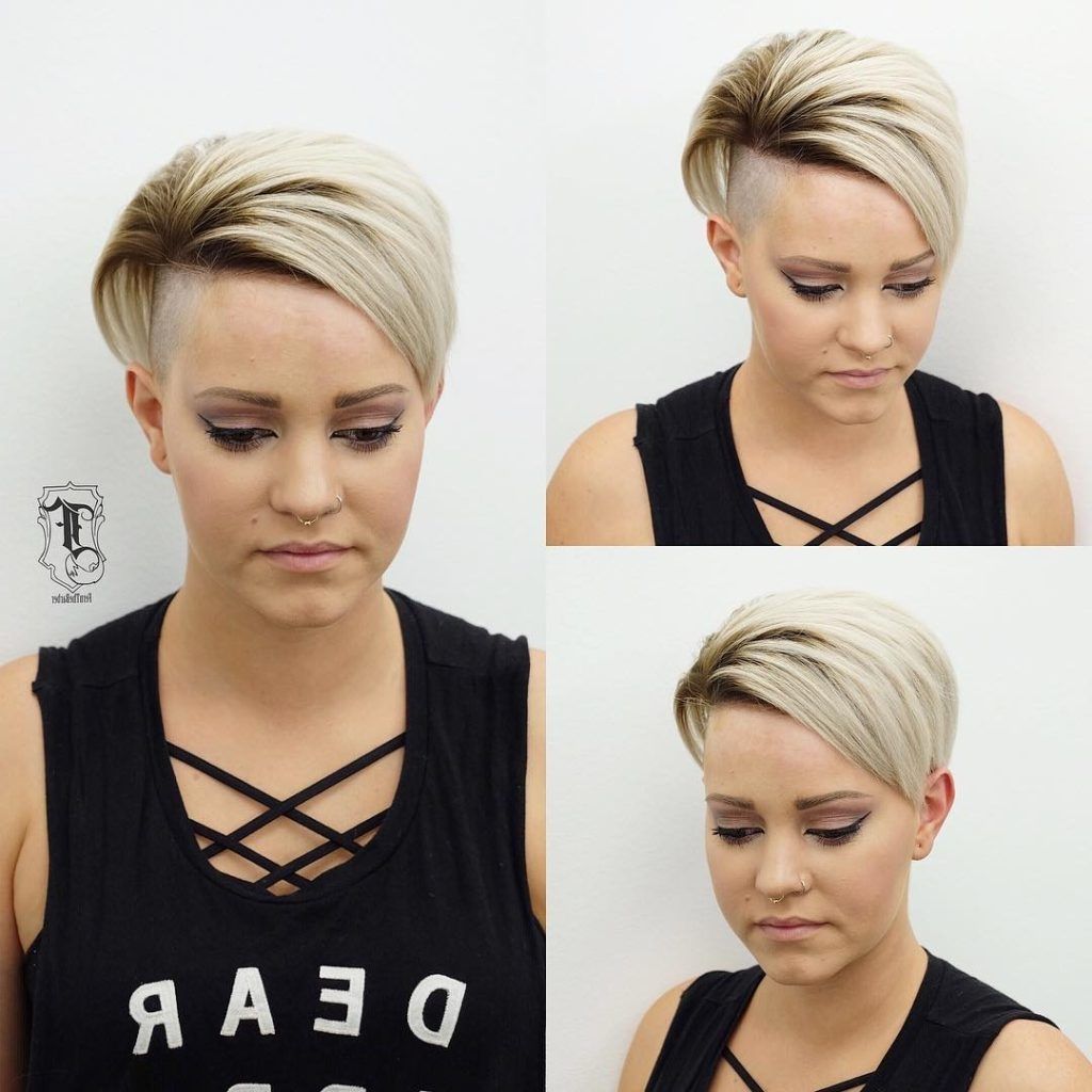 Women's Edgy Undercut Pixie With Platinum Color And Brunette Shadow For Newest Undercut Blonde Pixie With Dark Roots (Photo 2 of 15)