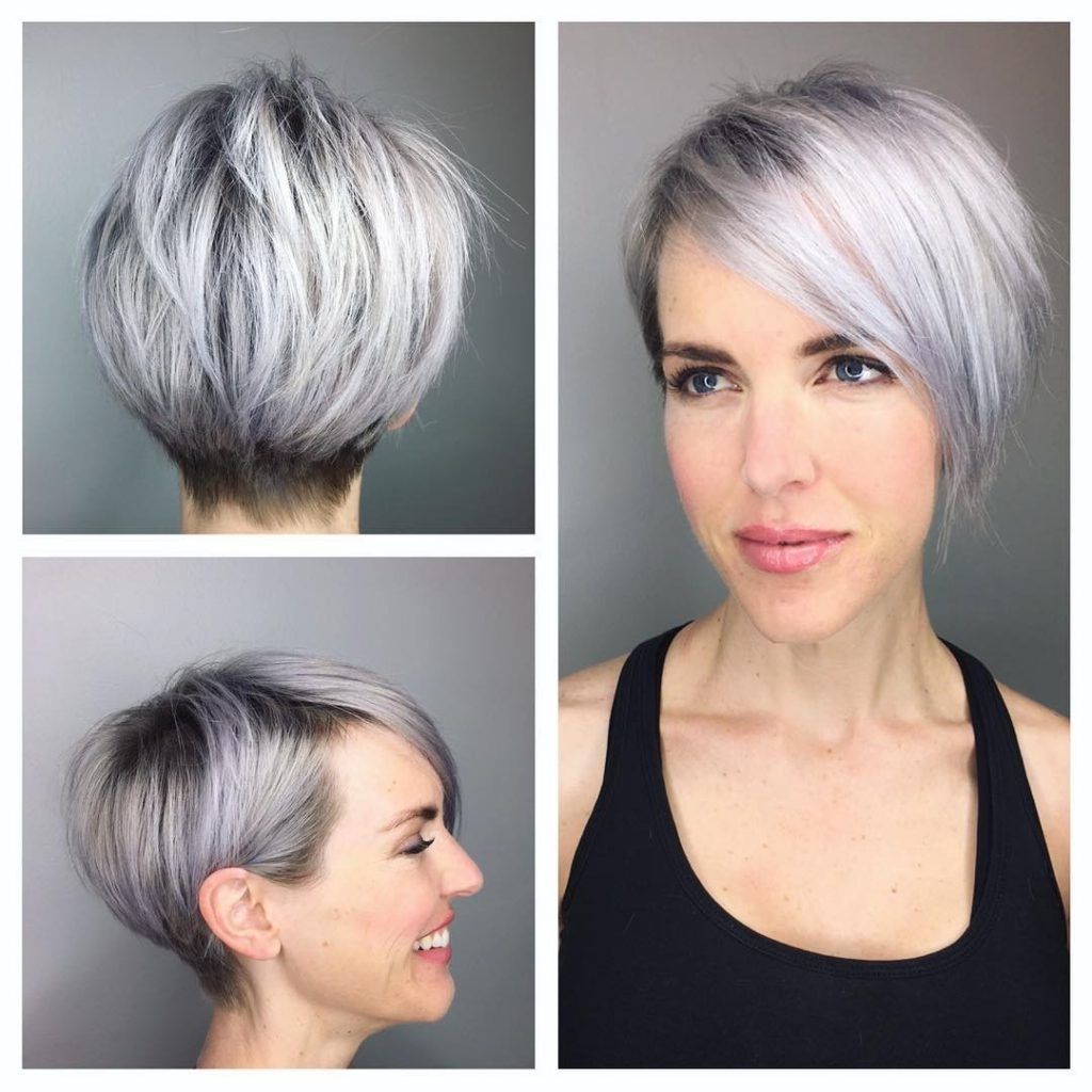 Women's Graduated Silver Textured Pixie With Side Swept Bangs And With Most Recent Side Parted Silver Pixie Bob Haircuts (View 9 of 15)