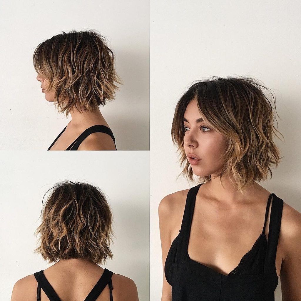 Women's Sexy Layered Bob With Curtain Bangs And Undone Wavy Texture Inside Best And Newest Balayage Pixie Haircuts With Tiered Layers (Photo 14 of 15)
