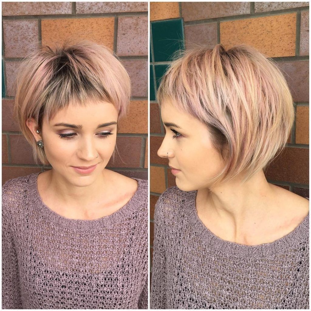 Women's Shaggy Rose Gold Bob With Micro Fringe Bangs And Blonde With Regard To 2018 Rose Gold Pixie Haircuts (View 4 of 15)