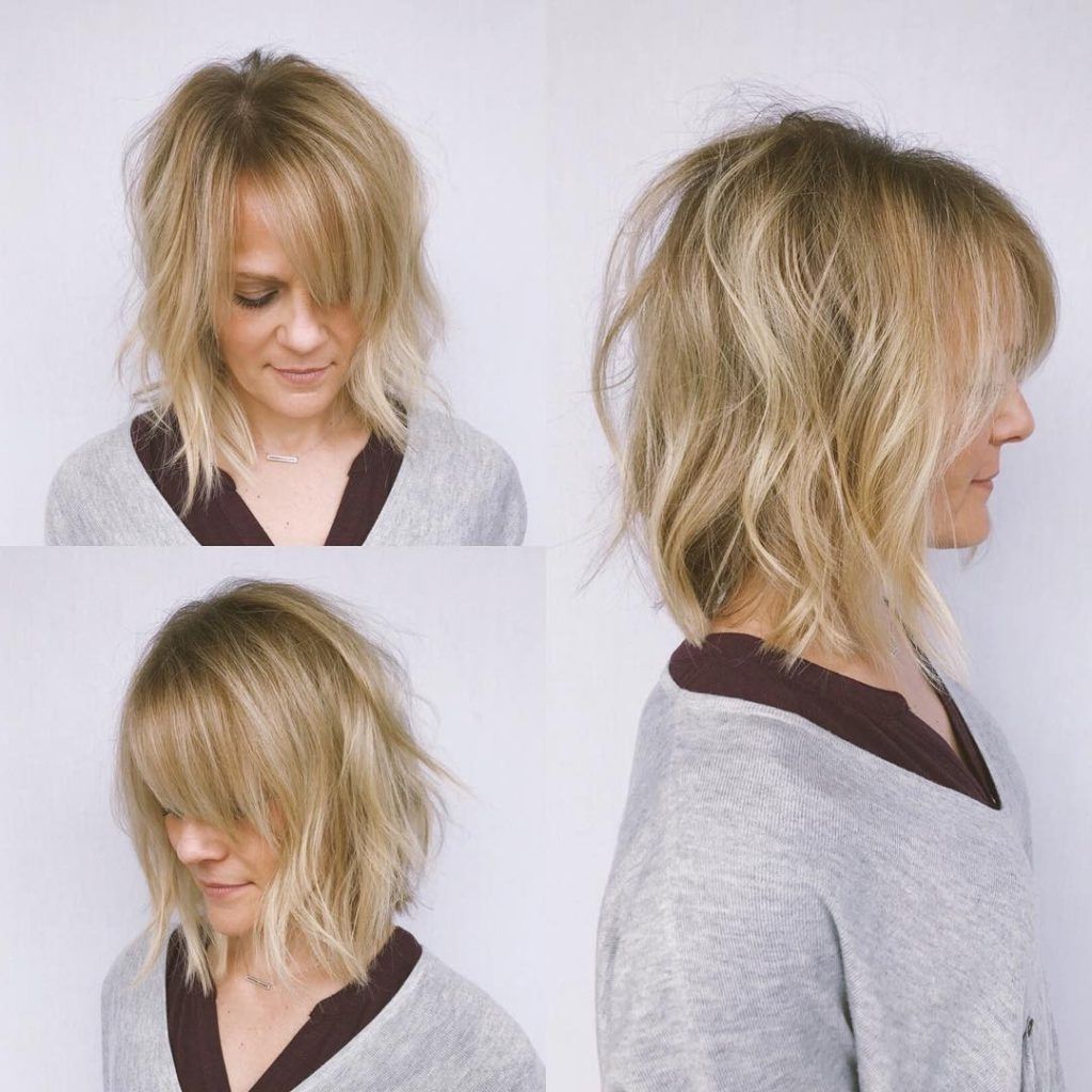 Women's Undone Wavy Textured Bob With Parted Side Swept Bangs And In 2018 Side Parted Blonde Balayage Pixie Haircuts (View 10 of 15)