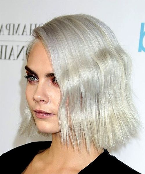 Cara Delevingne Medium Wavy Casual Bob Hairstyle – Light Platinum In Long Blonde Bob Hairstyles In Silver White (View 19 of 25)