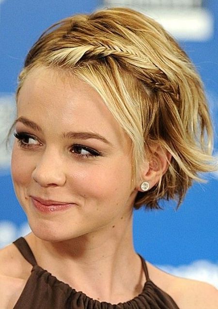Carey Mulligan's Short Hairstyle With Fishtail Braids – Casual With Regard To Wispy Fishtail Hairstyles (View 8 of 25)