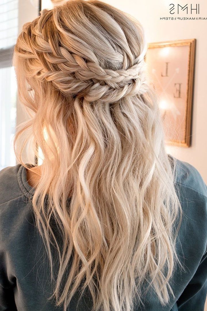 Crown Braid With Half Up Half Down Hairstyle Inspiration With Half Updo Blonde Hairstyles With Bouffant For Thick Hair (Photo 1 of 25)