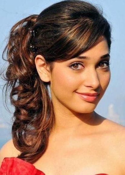 Curly High Ponytail Hairstyle With Side Swept Long Bangs | Formal Pertaining To High Pony Hairstyles With Contrasting Bangs (View 12 of 25)