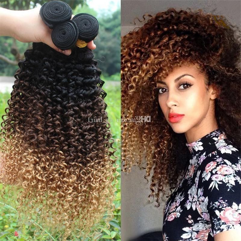 Dark Roots Ombre Brazilian Kinky Curly Virgin Hair Weaves 3 Bundles With Regard To Brown To Blonde Ombre Curls Hairstyles (View 6 of 25)