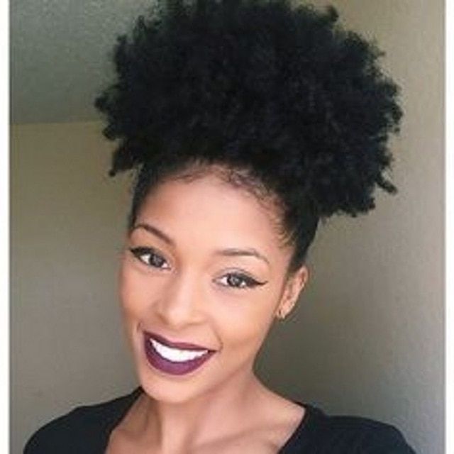 Human Hair Ponytail African American Short Afro Puff Clip In Jet With Regard To Jet Black Pony Hairstyles With Volume (View 14 of 25)