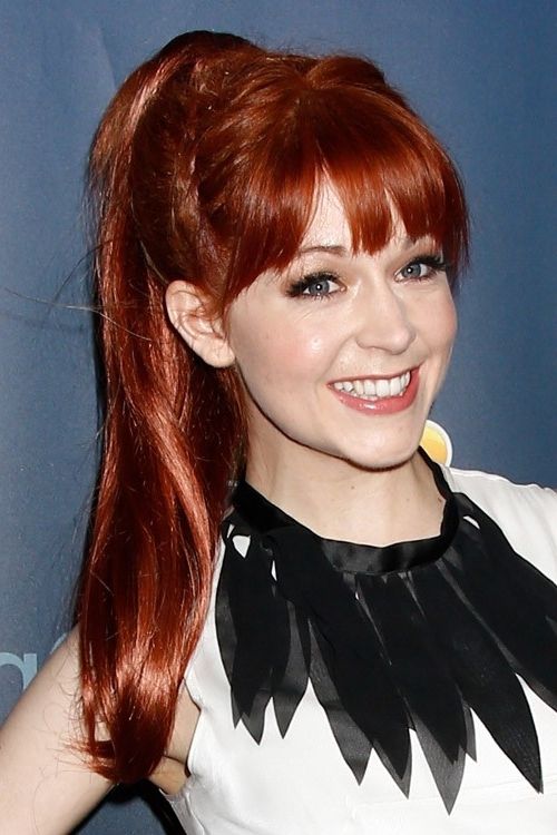 Lindsey Stirling Straight Auburn Curved Bangs, High Ponytail With Regard To Minaj Pony Hairstyles With Arched Bangs (Photo 13 of 25)
