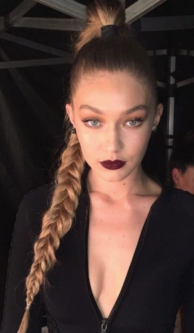 Obsessed With Gigi Hadid's Bold Lip Color And Braided High Ponytail Within Gigi Hadid Inspired Ponytail Hairstyles (View 9 of 25)