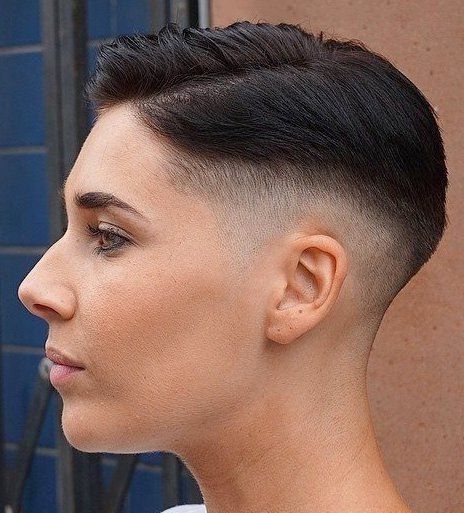 Short, Brown Hairstyle For Pixie Girls With High Fade, Pomp And Side Within Most Recent Choppy Pixie Fade Hairstyles (Photo 12 of 25)