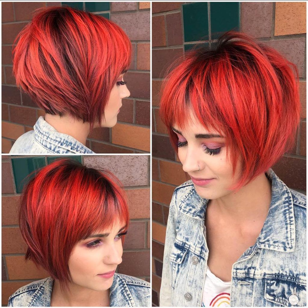 Choppy Red Graduated Bob With Fringe Bangs And Black Shadow Roots Pertaining To Red And Black Short Hairstyles (Photo 21 of 25)