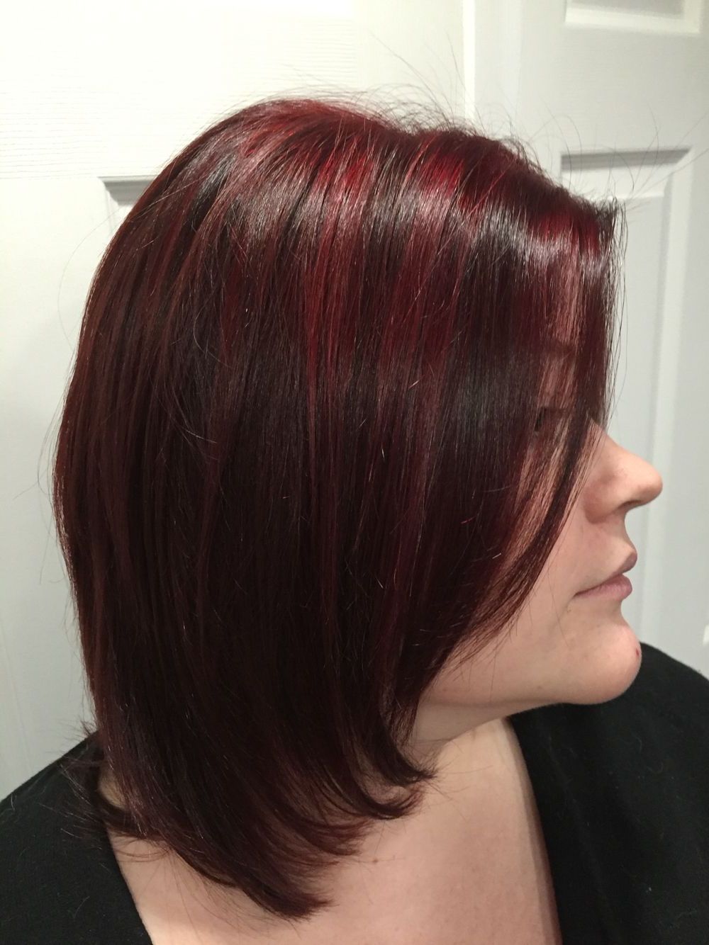 Long Layered Bob With Cherry Red Highlights On Natural Dark Brown Regarding Short Hairstyles With Red Highlights (View 22 of 25)
