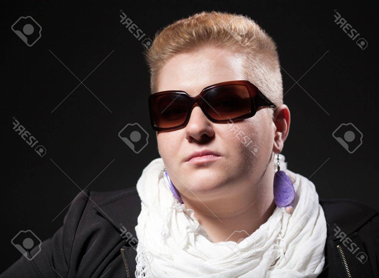 Portrait Of Chubby Woman With Short Hair And Big Sunglasses Stock Pertaining To Short Hair Chubby (Photo 14 of 25)