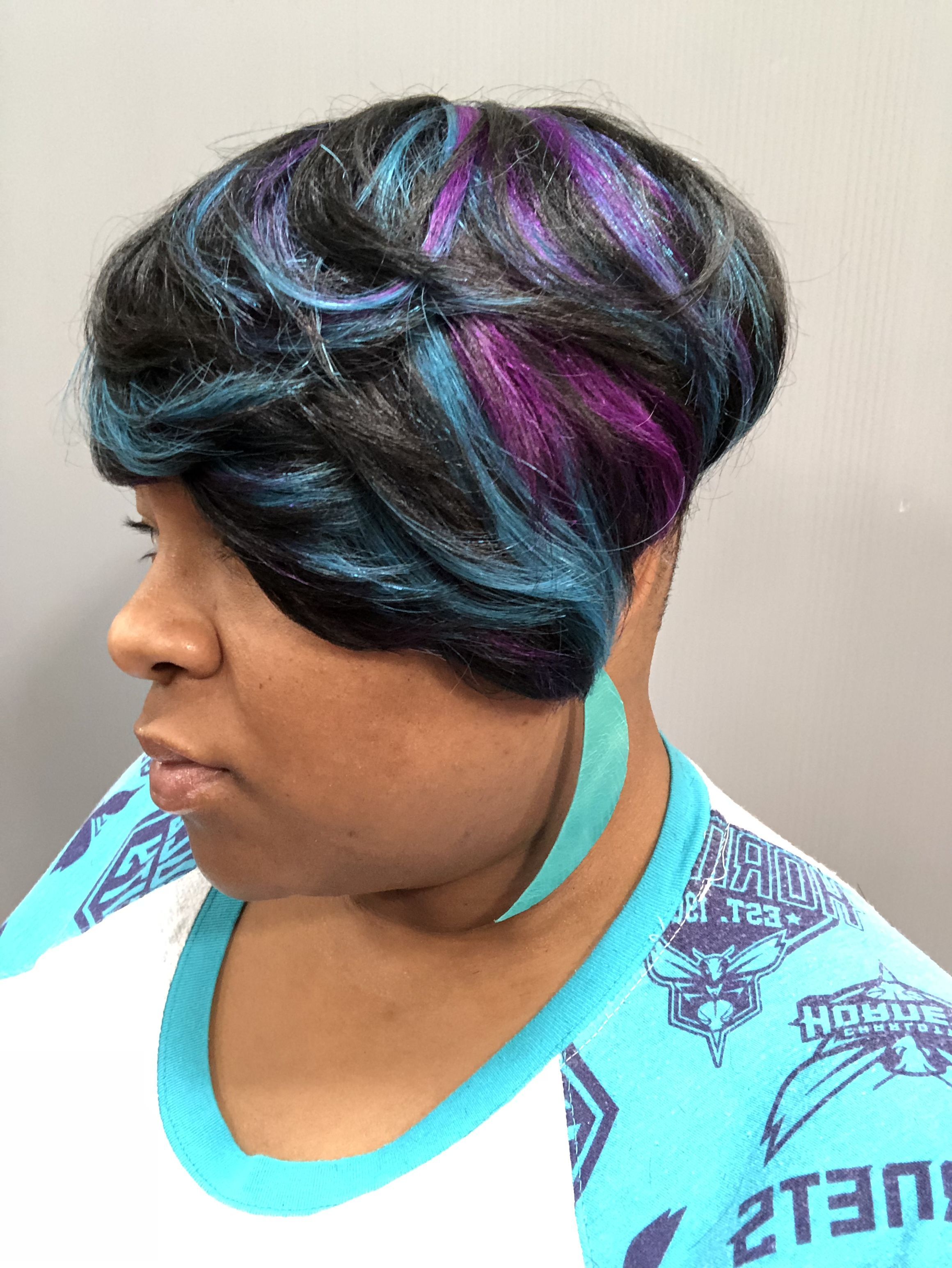 Short Hair Style With Shaved Sides, Purple And Turquoise Highlights Within Purple And Black Short Hairstyles (View 4 of 25)