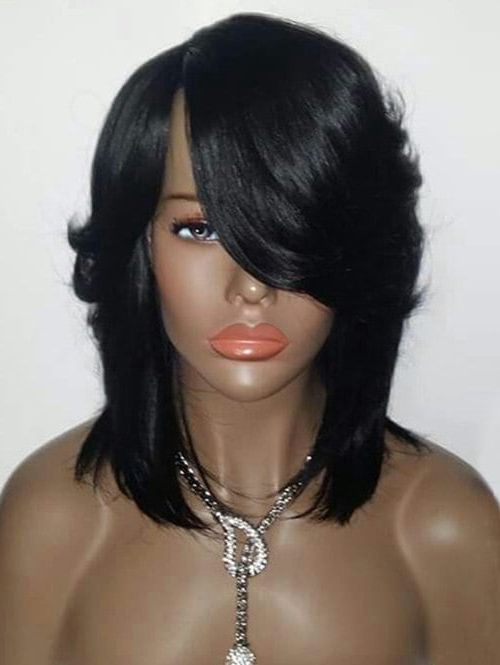 Synthetic Wigs | Black Medium Side Part Straight Feathered Bob In Side Parted Asymmetrical Gray Bob Hairstyles (Photo 19 of 25)