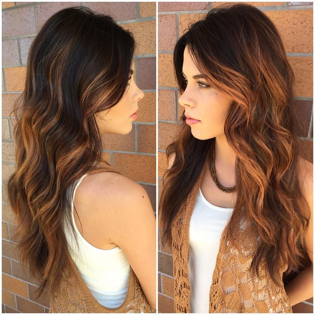 This Brunette Layered Cut With Tousled Waves And Warm Caramel Intended For Sexy Tousled Wavy Bob For Brunettes (View 4 of 25)