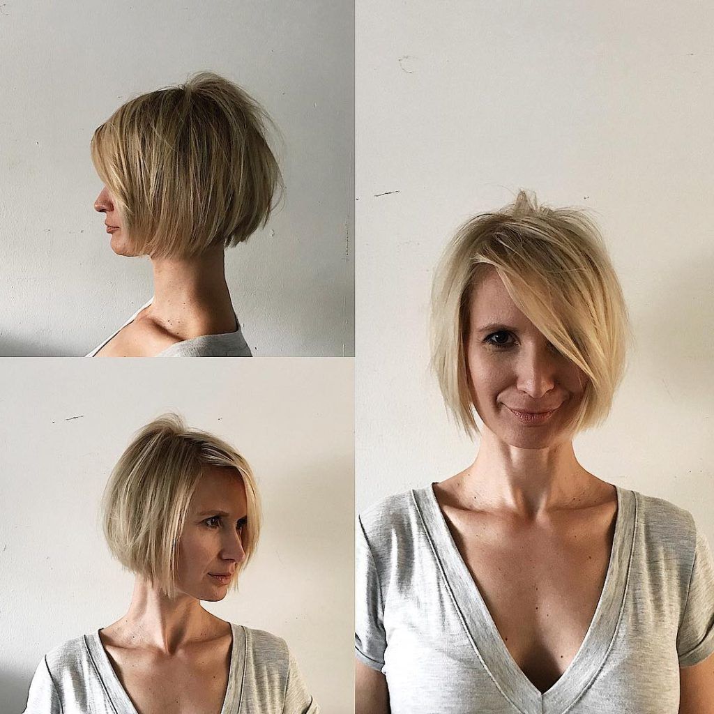 Women's Blonde Shaped Bob With Messy Texture And Long Side Swept Throughout Short Hairstyles With Side Swept Bangs (Photo 9 of 25)