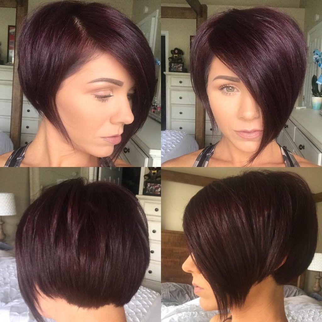 Women's Burgundy Asymmetrical Pixie Bob With Side Swept Bangs And Throughout Short Haircuts With Side Swept Bangs (Photo 14 of 25)