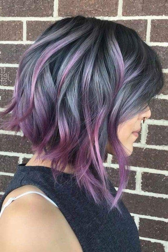 Smokey, Grey And Purple/pink/ Fuchsia Balayage. A Line, Stacked Inside Short Messy Lilac Hairstyles (Photo 7 of 25)
