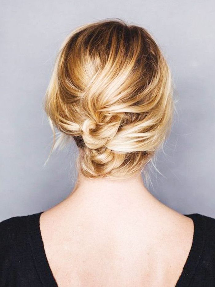 12 Incredibly Chic Updo Ideas For Short Hair | Byrdie Inside Low Messy Chignon Bridal Hairstyles For Short Hair (View 16 of 25)