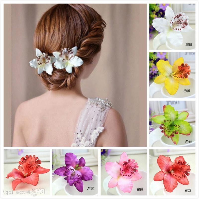2019 New Fashion Women's Phalaenopsis Orchid Artificial Flowers Hair With Regard To Curly Wedding Updos With Flower Barrette Ties (View 23 of 25)