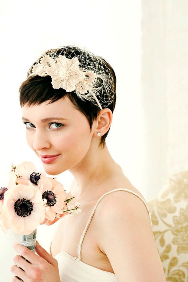 25 Wedding Hairstyles For Short Hair | Brit + Co With Regard To Flower Tiara With Short Wavy Hair For Brides (View 13 of 25)