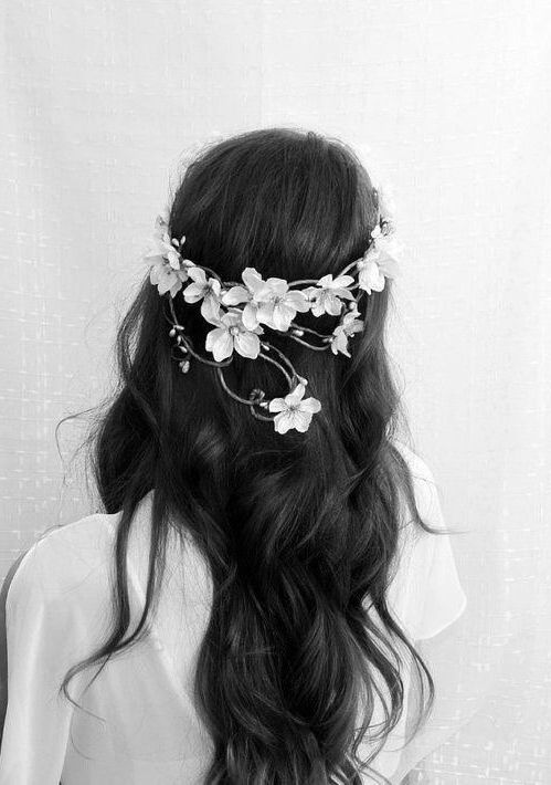 Black And White, Curly Hair, Flower Crown, Flower Headband, Long Throughout Curly Wedding Updos With Flower Barrette Ties (View 17 of 25)