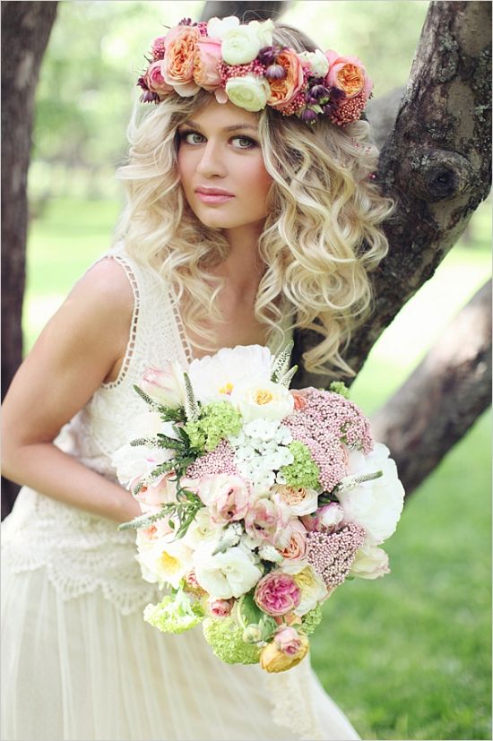 Bohemian Wedding Hairstyle Ideas | Haircuts, Hairstyles 2019 And Pertaining To Flower Tiara With Short Wavy Hair For Brides (View 12 of 25)