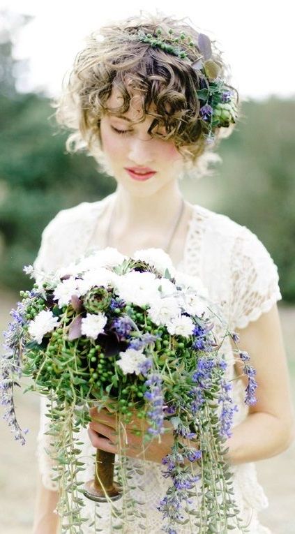 Boho Bride's Short Curly Wedding Hairstyle With Flower Crown Corona Inside Flower Tiara With Short Wavy Hair For Brides (View 10 of 25)