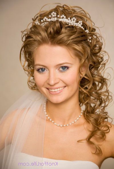 Curly Wedding Hairstyles With Tiara |  And Pearls – Curly Bridal Inside Long Curly Bridal Hairstyles With A Tiara (View 1 of 25)