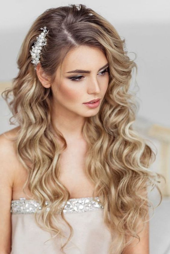 Elstile Long Wedding Hairstyle – Deer Pearl Flowers #wedding Regarding Large Curly Bun Bridal Hairstyles With Beaded Clip (View 19 of 25)