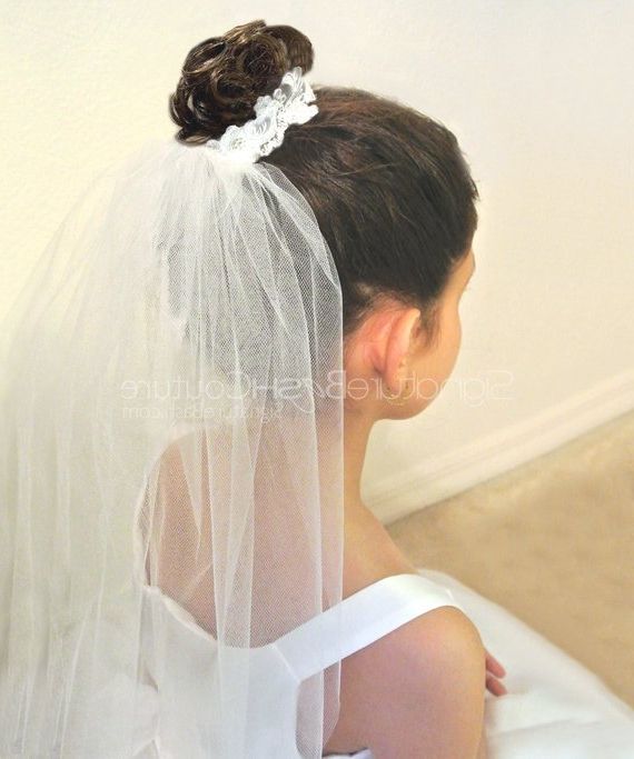 First Holy Communion Veil With Bun Wrap Flower Girl Veil | Etsy Throughout Bridal Chignon Hairstyles With Headband And Veil (View 12 of 25)