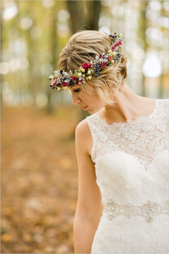 Picture Of Short Wavy Hair With A Floral Crown Inspiredthe Fall Inside Flower Tiara With Short Wavy Hair For Brides (View 2 of 25)
